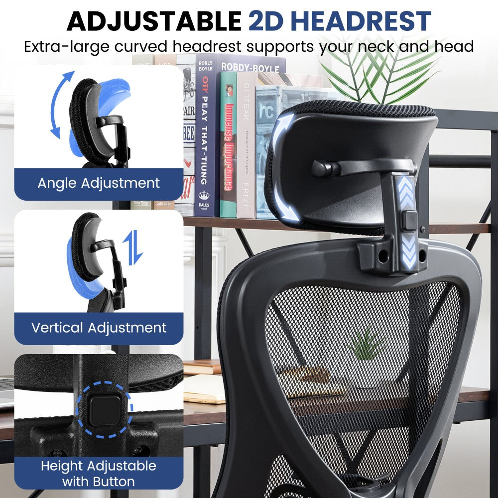 Silla de oficina ergonómica con reposacabezas y soporte lumbar, silla giratoria de escritorio con altura ajustable, silla de ordenador con respaldo de malla transpirable, reposabrazos y ruedas para oficina en casa, estudio, gaming