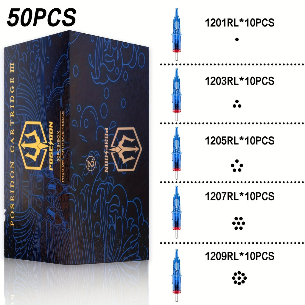 Agujas de Cartucho para Tatuaje POSEIDON V3 50pcs Tamaño Mixto, Agujas Estériles con Cartuchos de Seguridad con Membrana - 1203Rl, 1205RL, 1207RL, 1209RL, 1207RM, 1209RM, 1205RS, 1207RS, 1209RS, 1207M1