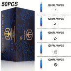 Agujas de Cartucho para Tatuaje POSEIDON V3 50pcs Tamaño Mixto, Agujas Estériles con Cartuchos de Seguridad con Membrana - 1203Rl, 1205RL, 1207RL, 1209RL, 1207RM, 1209RM, 1205RS, 1207RS, 1209RS, 1207M1