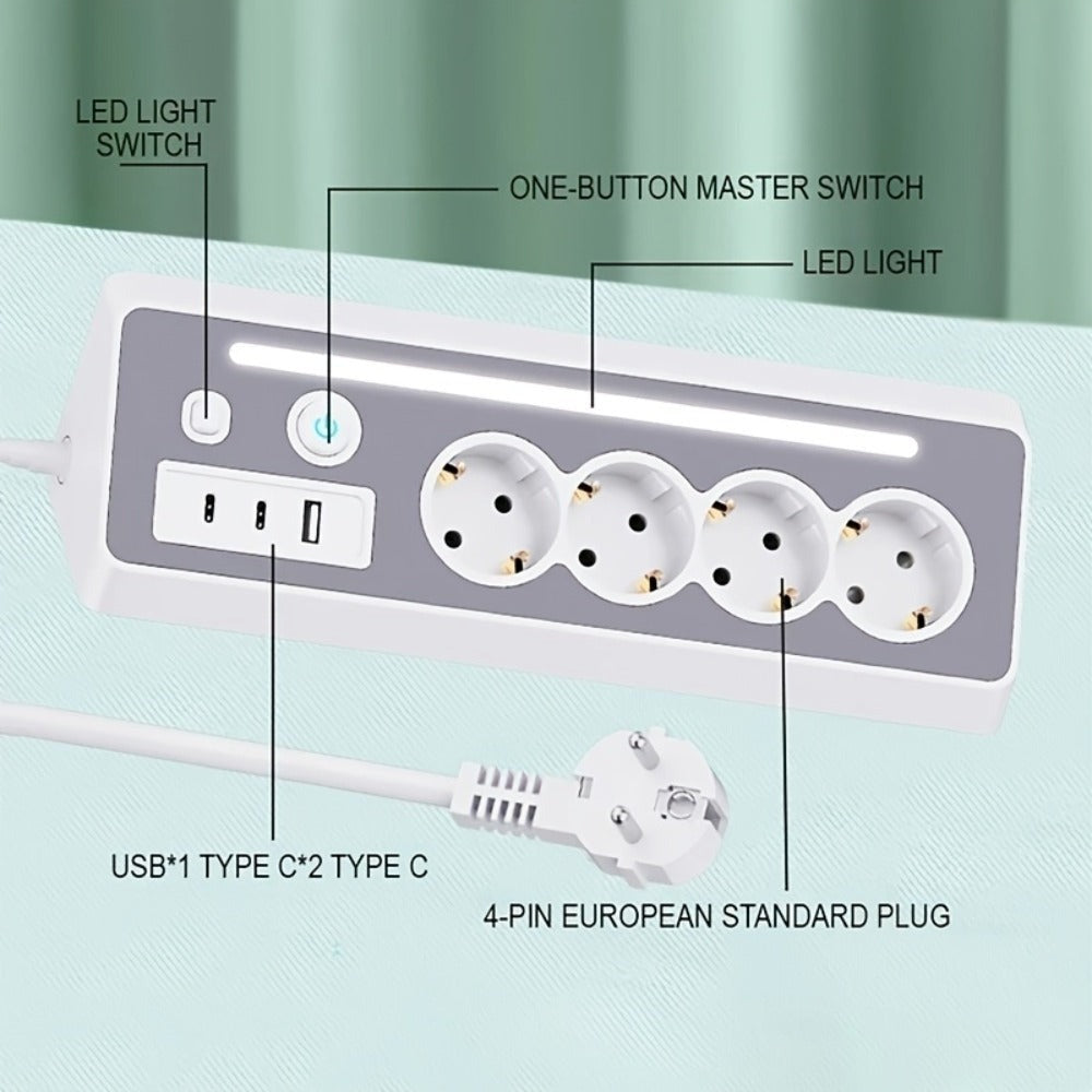 Regleta de enchufes múltiples de ángulo recto 7 en 1 con estación de carga rápida, 4 CA, 2 USB-C de 20W con indicador LED y doble interruptor, ideal para cargar teléfonos, tablets en el hogar, la oficina, configuración de oficina en casa, organización del