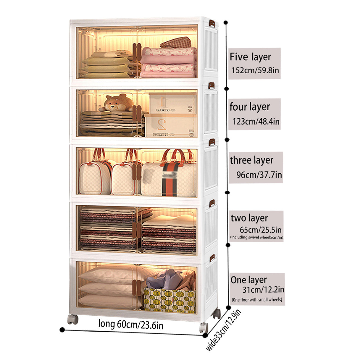 Contenedores de almacenamiento de plástico de 60 cm, cajas apilables con tapas, contenedores plegables con ruedas bloqueables para dormitorio, sala de estar, estudio y oficina