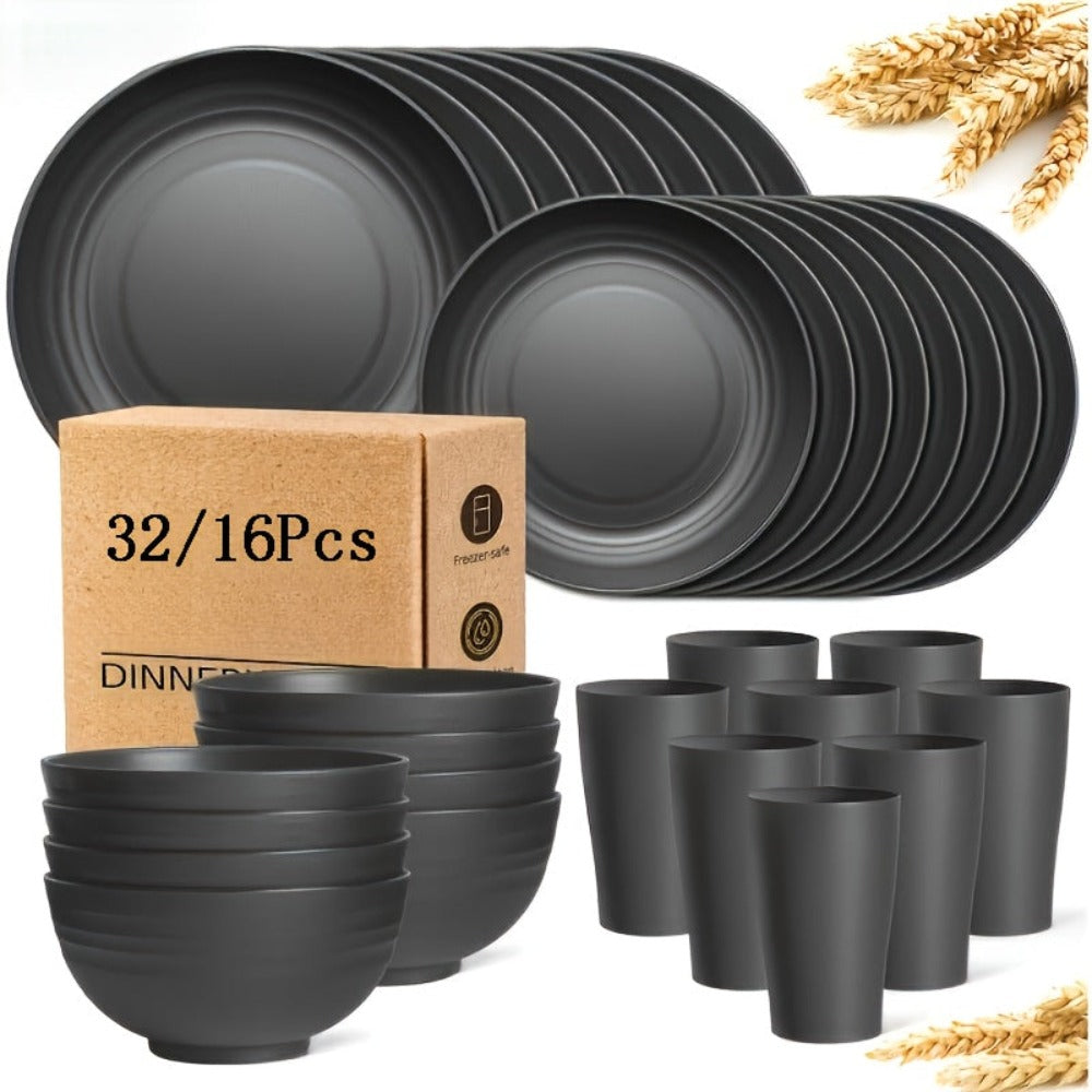 Juego de vajilla duradero de 32/16 piezas de paja de trigo - Apto para microondas y lavavajillas - Platos, cuencos y tazas reutilizables - ¡Perfecto para uso diario!