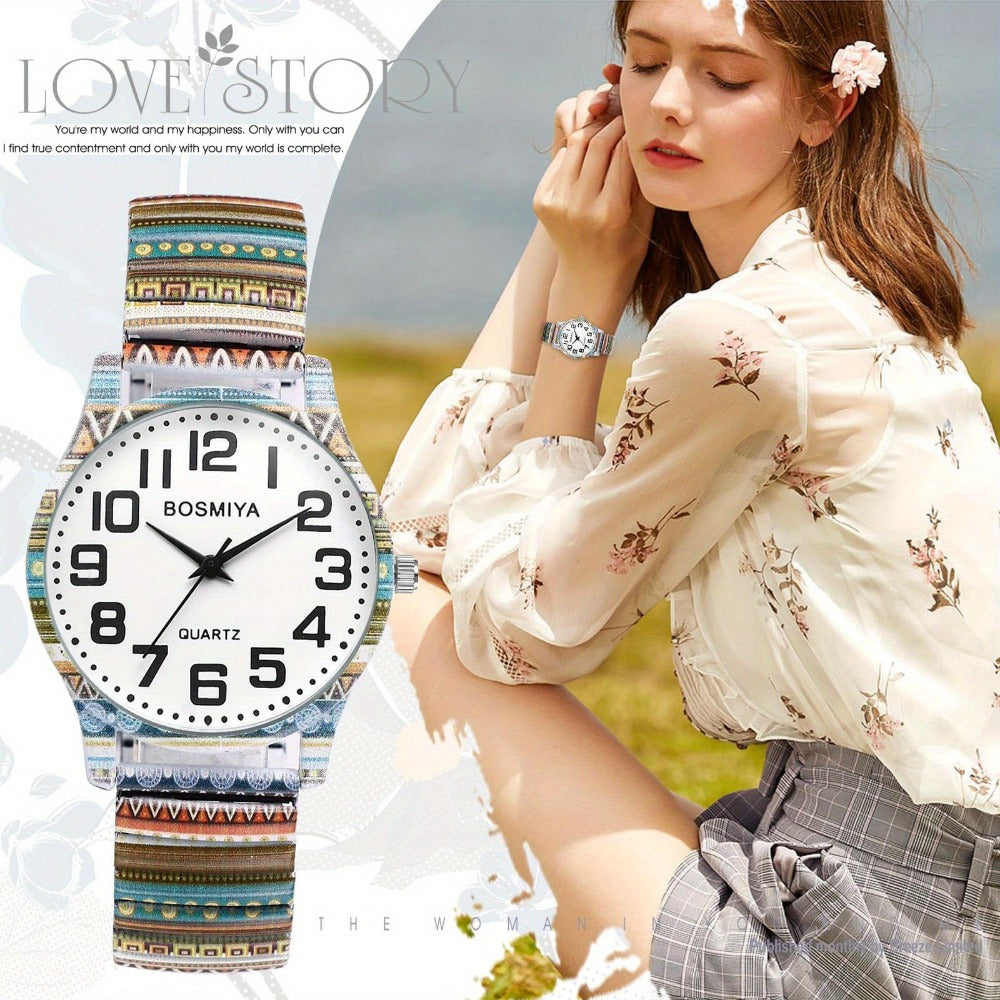 Reloj de Mujer Jewelrywe con Brazalete Elástico de Metal, Estilo Étnico Boho Vintage Analógico de Cuarzo, Reloj Casual de Mujer con Brazalete Elástico de Aleación y Esfera con Números Árabes Grandes