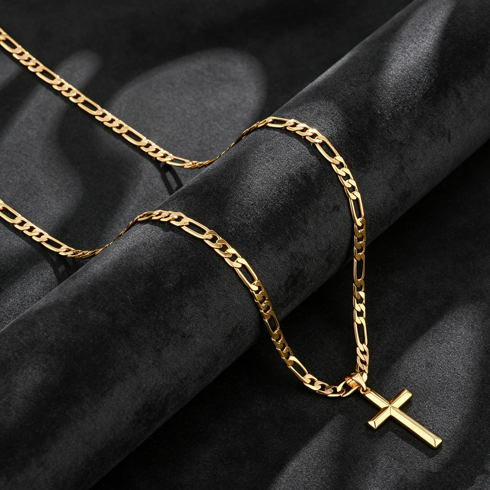 Collar con colgante para hombre de plata 925, cadena Figaro minimalista chapada en oro de 18K con colgante de cruz 3D, regalo perfecto para él, regalo para el Día del Padre, en caja de regalo