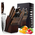 Juego de 15 cuchillos de chef con cuchillo de cocina, afilador, bloque de madera, cuchillos de acero inoxidable de alto carbono y mangos de madera coloridos