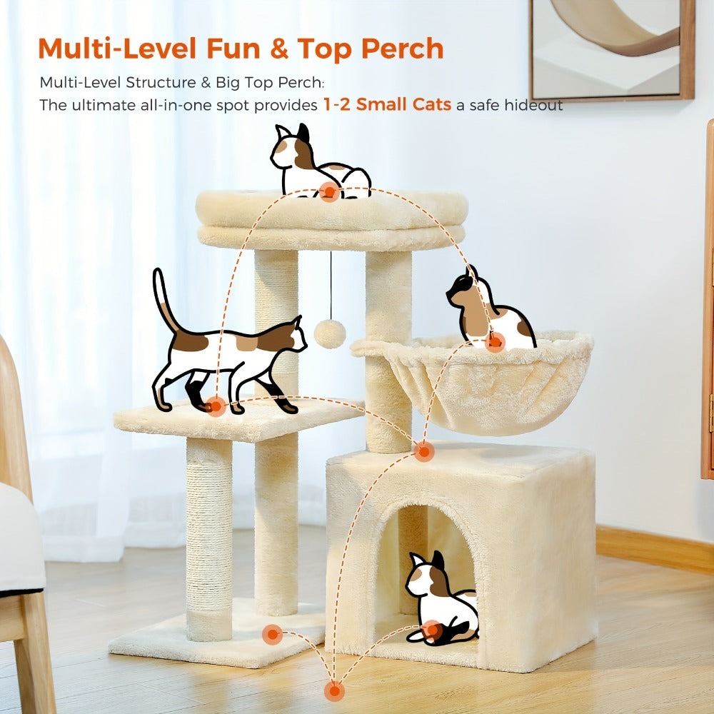 Árbol para Gatos Pequeños de Pawz Road para Interiores - Centro de Actividades Convertible 2-en-1 con Postes Rascadores, Hamaca de Peluche y Percha Superior Desmontable, Diseño Robusto Ahorrador de Espacio para Gatitos, Gris y Beige, Árbol Lindo para Gato