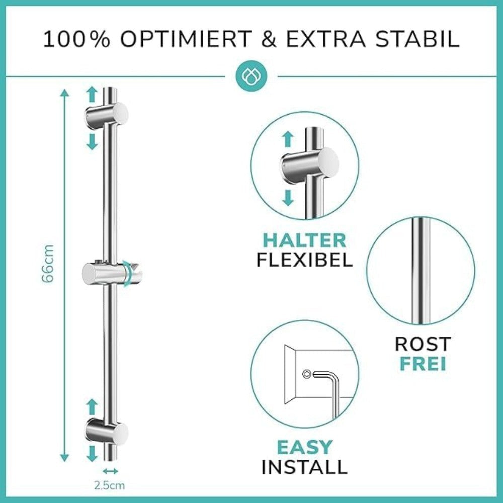 Barra de ducha sin clavos, barra de ducha de acero inoxidable, barra de ducha de 66 cm, barra de ducha de acero inoxidable de altura ajustable, barra de ducha moderna con soporte giratorio de 360° para cabezales de ducha para baños, duchas, hoteles, hogar