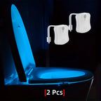 Juego de 2 luces modernas para inodoro con sensor infrarrojo, detección de movimiento y luz nocturna, aptas para baño, de pared/apagado, 16 opciones de color, funcionamiento sin enchufe para taza de inodoro, de plástico