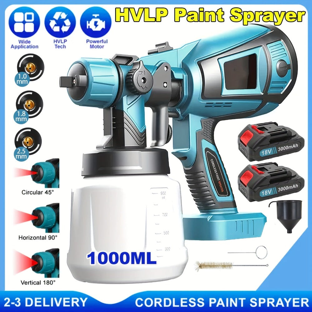 Pistola de pintura inalámbrica compatible con batería Makita de 18V, pistola rociadora de pintura eléctrica de 1000ML con 2 baterías de iones de litio de 3000Mah, aguja de rociado y boquilla de cobre puro, pistola rociadora para cercas, paredes, techos, m