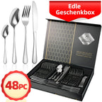 Juego de cubiertos de acero inoxidable de 48 piezas para 12 personas | Elegante caja de regalo, cubiertos premium, pulido espejo, apto para lavavajillas, cuchillos para bistec, tenedores y cucharas ergonómicas | para reuniones familiares, bodas, inaugurac