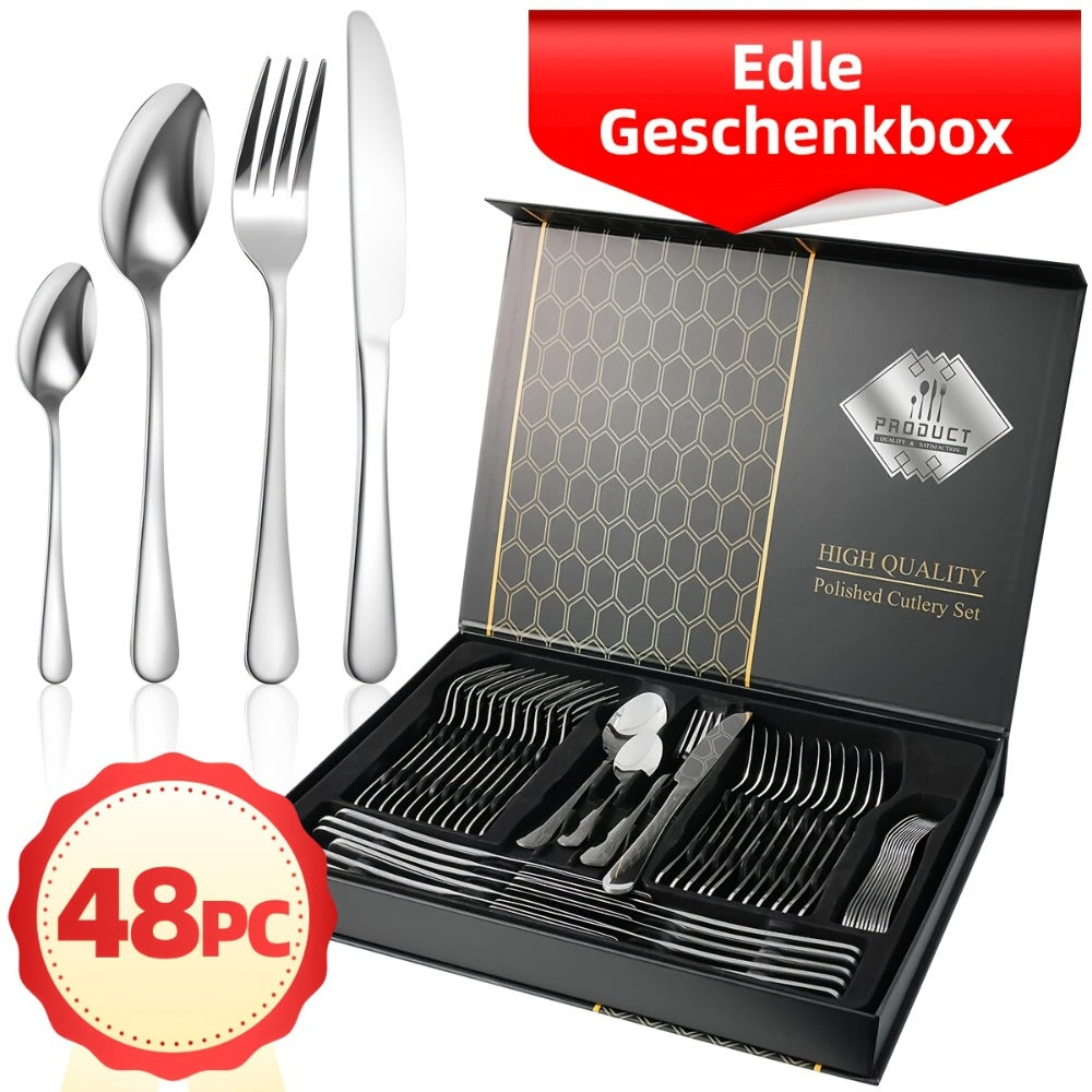 Juego de cubiertos de acero inoxidable de 48 piezas para 12 personas | Elegante caja de regalo, cubiertos premium, pulido espejo, apto para lavavajillas, cuchillos para bistec, tenedores y cucharas ergonómicas | para reuniones familiares, bodas, inaugurac