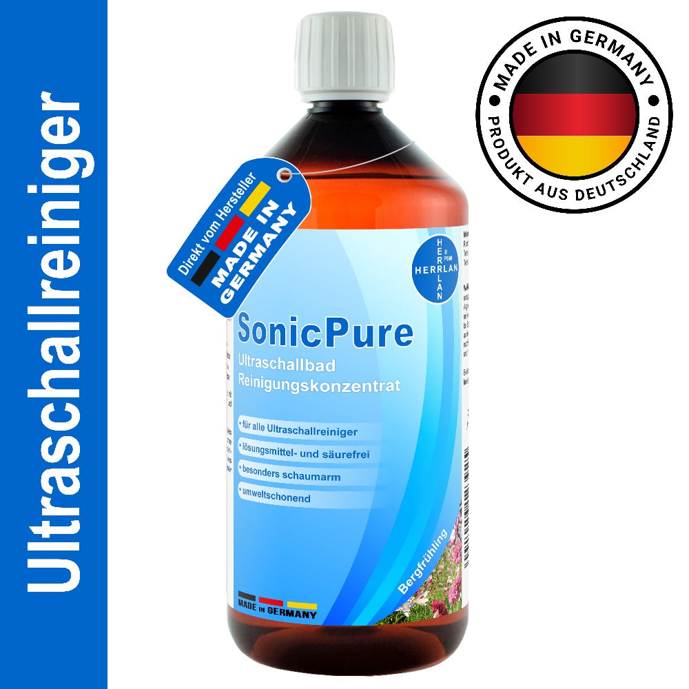 HERRLAN® SonicPure Concentrado de Limpieza Ultrasónica 1000 ml - Concentrado Líquido para Limpiadores Ultrasónicos y Estuche de Gafas - Hecho en Alemania