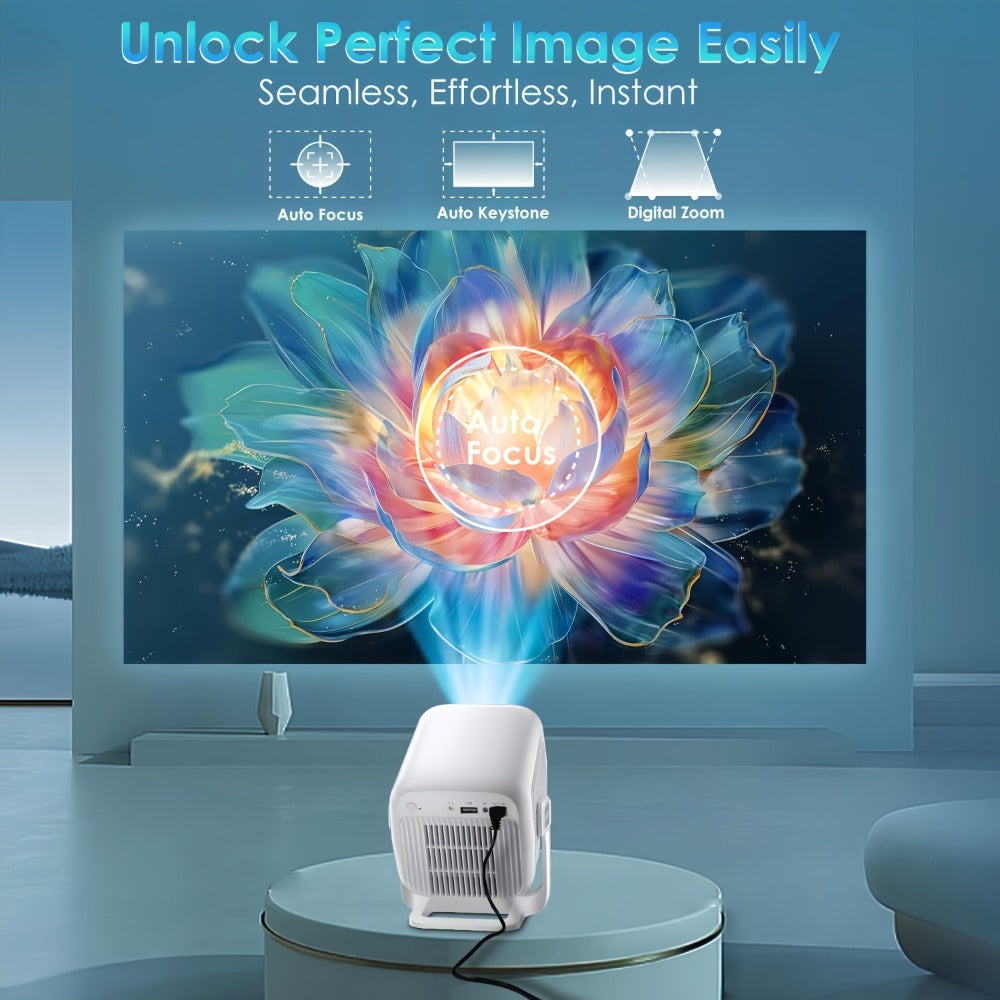 Proyector 4K con Soporte 1080P HD Local con Wifi6 y BT5.4, 650ANSI, Cine en Casa con Enfoque Automático y Keystone, para Uso en Interiores, Proyector Inteligente Compatible con Teléfono/Dispositivo TV/PC/PS5