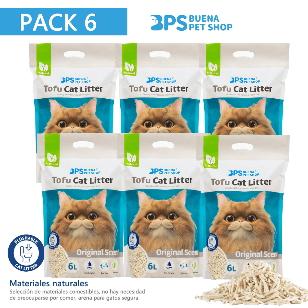 Arena de Tofu para Gatos 6L - Sin Polvo Fácil de Aglomerar y Controla Olores - y Segura para Gatitos - Pack de 6 Bolsas