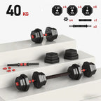 Juego de mancuernas ajustables 2 en 1 de 40 kg. Este juego multifuncional incluye discos para mancuernas, barra de conexión y barra para pesas rusas. Compatible con diversas barras de conexión, ideal para hombres y mujeres.，mancuernas pesadas