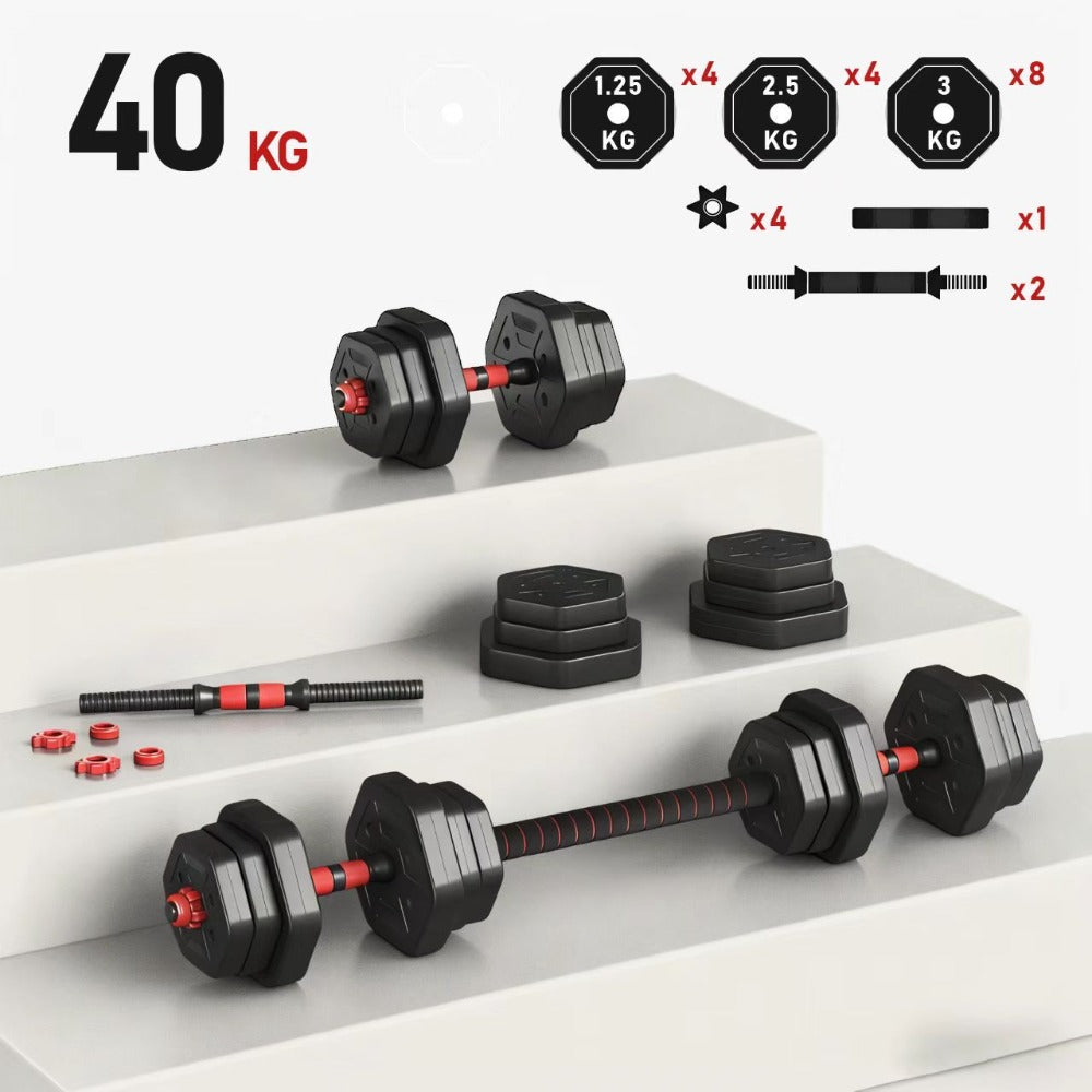 Juego de mancuernas ajustables 2 en 1 de 40 kg. Este juego multifuncional incluye discos para mancuernas, barra de conexión y barra para pesas rusas. Compatible con diversas barras de conexión, ideal para hombres y mujeres.，mancuernas pesadas
