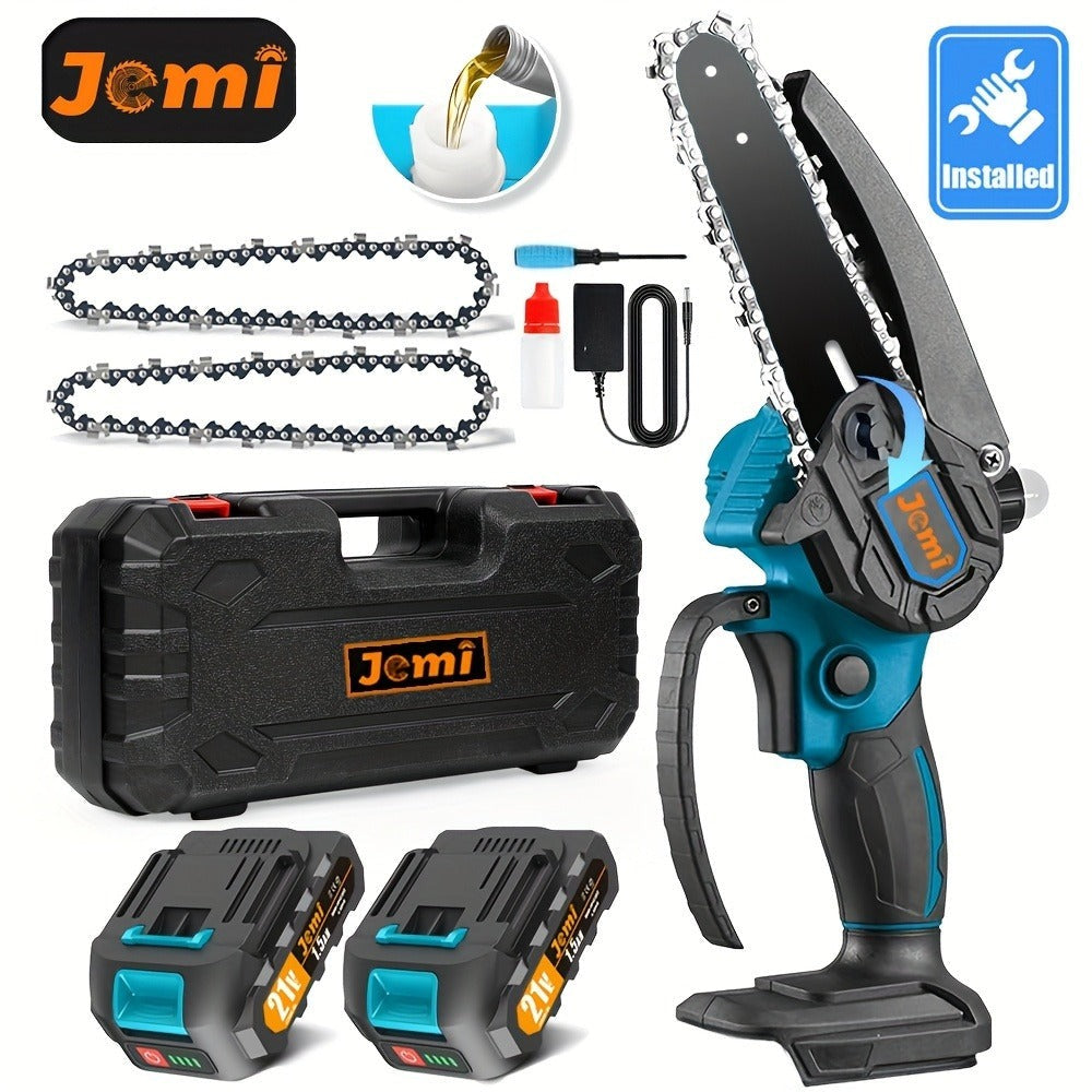 Motosierra Mini de 6 pulgadas Jemi Tool con Sistema de Lubricación Automática, Equipada con una Batería de 1/2 * 1.5Ah y una Cadena de 1/2, Ideal para Cortar Madera, Recortar Ramas y Podar Jardines
