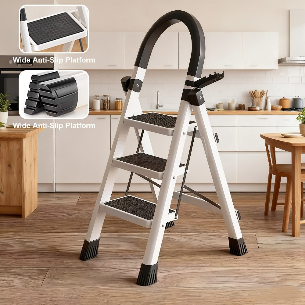 Escalera plegable de acero inoxidable, escalera portátil multifuncional, equipada con pedales anchos antideslizantes, ligera, duradera y compacta, fácil de transportar. Adecuada para el hogar, la oficina, el dormitorio, la cocina y el jardín, etc. Escenar