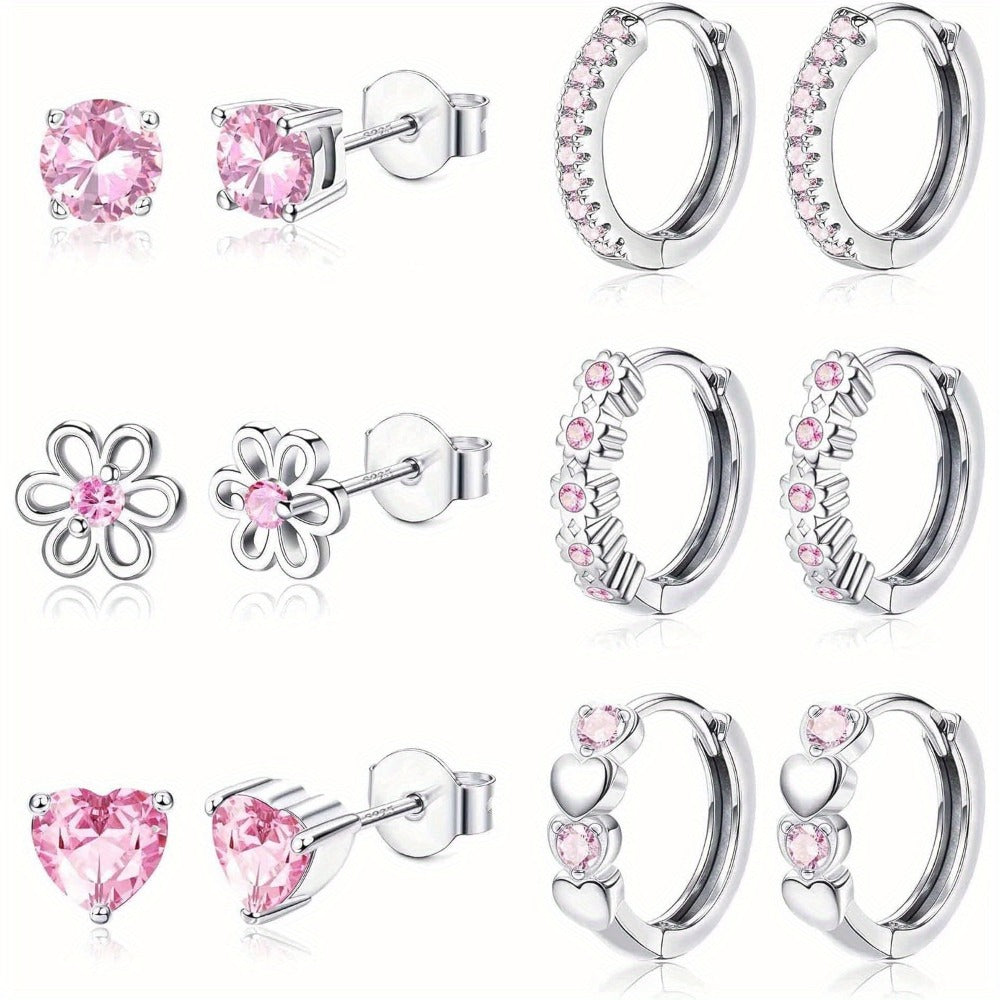 Set de 6 pares de aretes pequeños para mujer, pin de plata 925 hipoalergénico, aretes de cartílago tipo sleeper, aretes de flor, aretes de corazón, aretes de aro, set de aretes rosas, morados y azules para mujer