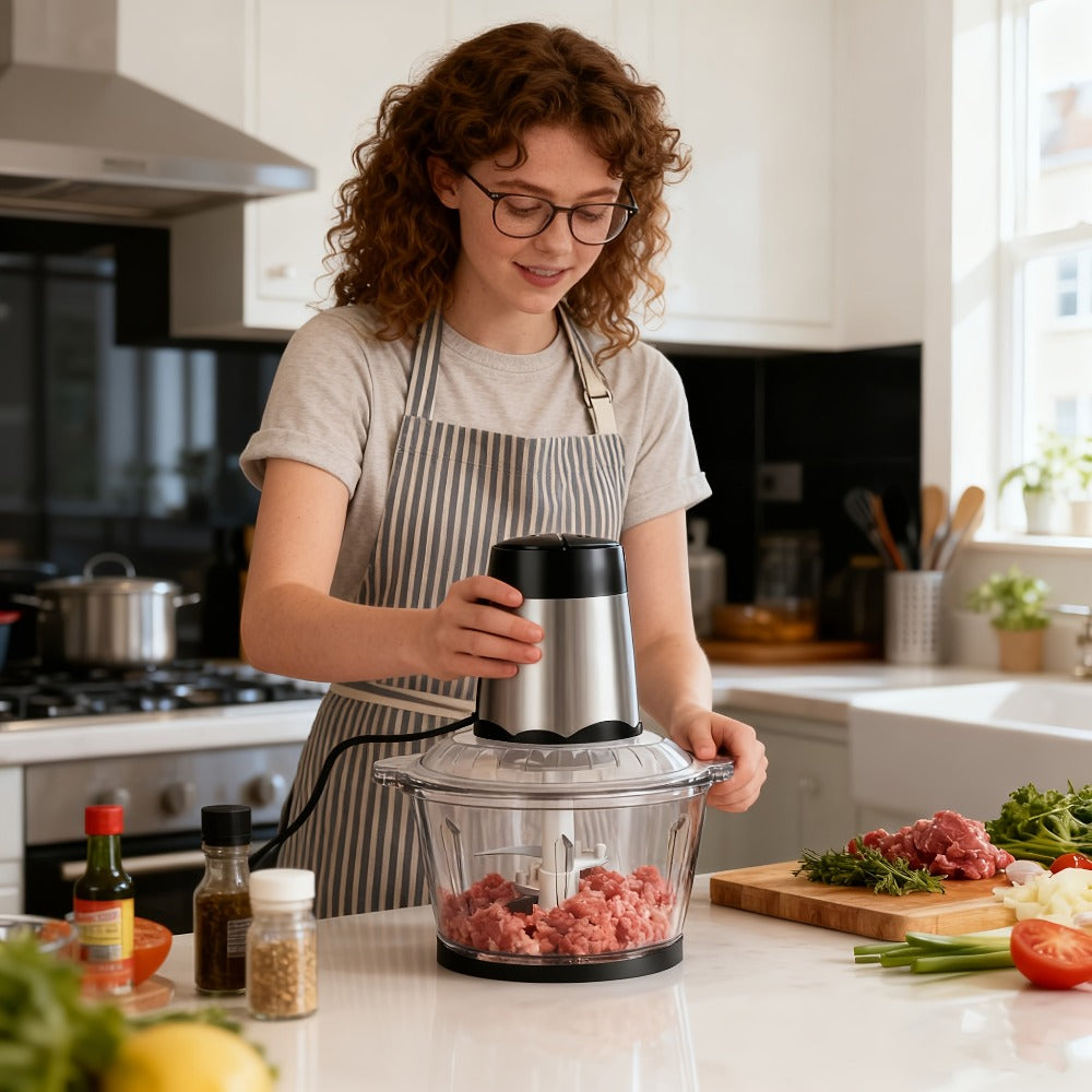 Picadora de carne eléctrica de 1600 vatios con cortador de alimentos multifunción, incluye un contenedor de vidrio de 2 litros y 4 cuchillas de acero inoxidable, 2 velocidades para carne, frutas, verduras, nueces, zanahorias y uso general en la cocina
