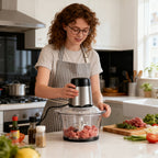 Picadora de carne eléctrica de 1600 vatios con cortador de alimentos multifunción, incluye un contenedor de vidrio de 2 litros y 4 cuchillas de acero inoxidable, 2 velocidades para carne, frutas, verduras, nueces, zanahorias y uso general en la cocina