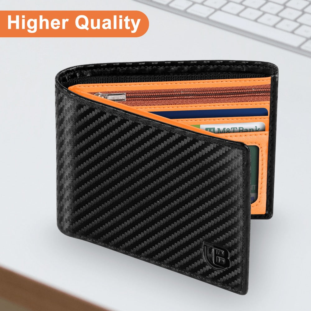 Cartera para Hombre, Cartera de Cuero Bifold con Bloqueo RFID, Cartera Delgada con Ventana para Identificación, Bolsillo con Cremallera para Monedas, 9 Ranuras para Tarjetas y 2 Compartimentos para Billetes, Cartera para Hombres con Caja de Regalo,