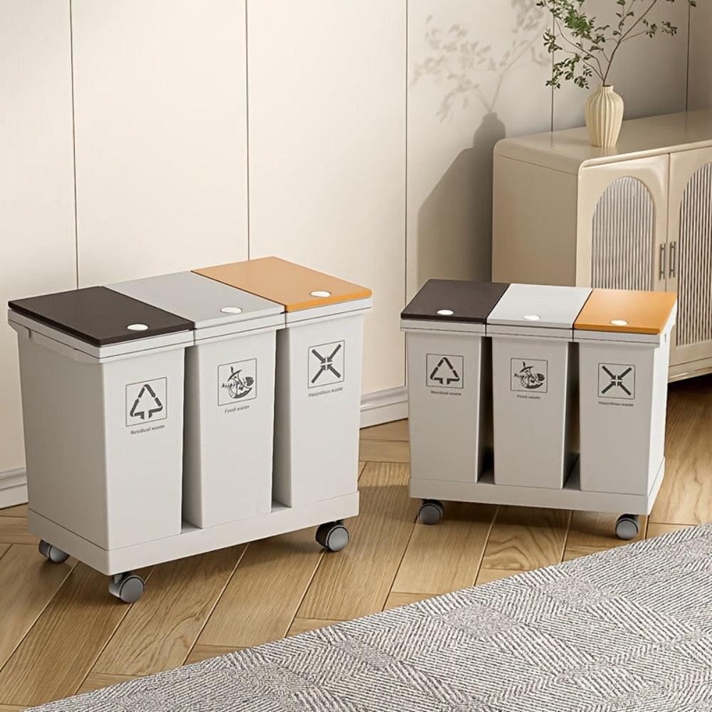 Cubo de basura de cocina de gran capacidad de 60L/36L/24L con compartimentos separados - Con ruedas, resistente a los olores, separación de residuos secos y húmedos, forma rectangular, tapas con botón de presión, fácil de limpiar, gestión de residuos de c