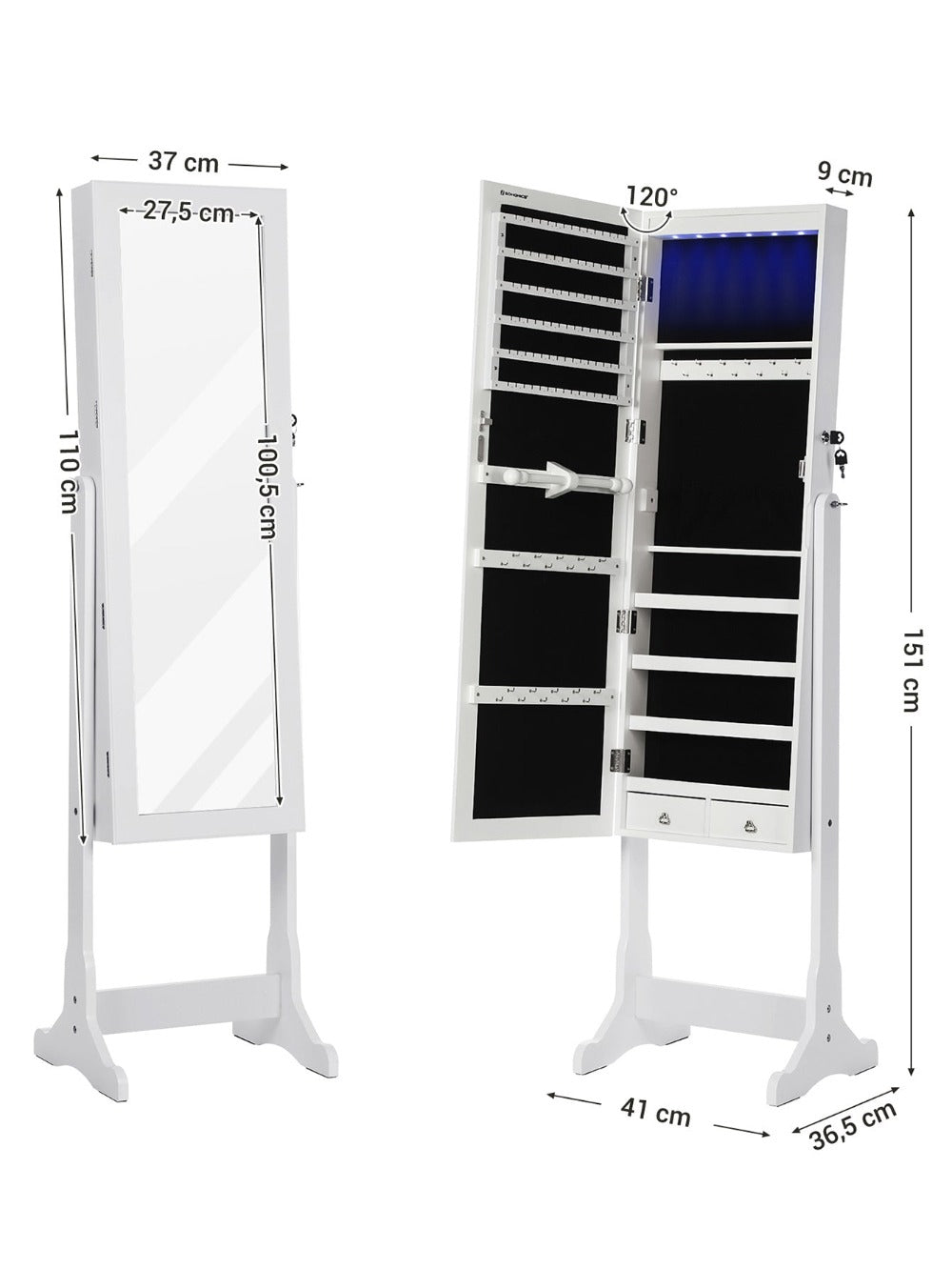 SONGMICS Espejo Joyero 41x151x36.5cm, Armario Joyero, con LED, Armario de Pie con Espejo para Joyas, de Madera, Cerradura, Iluminacin