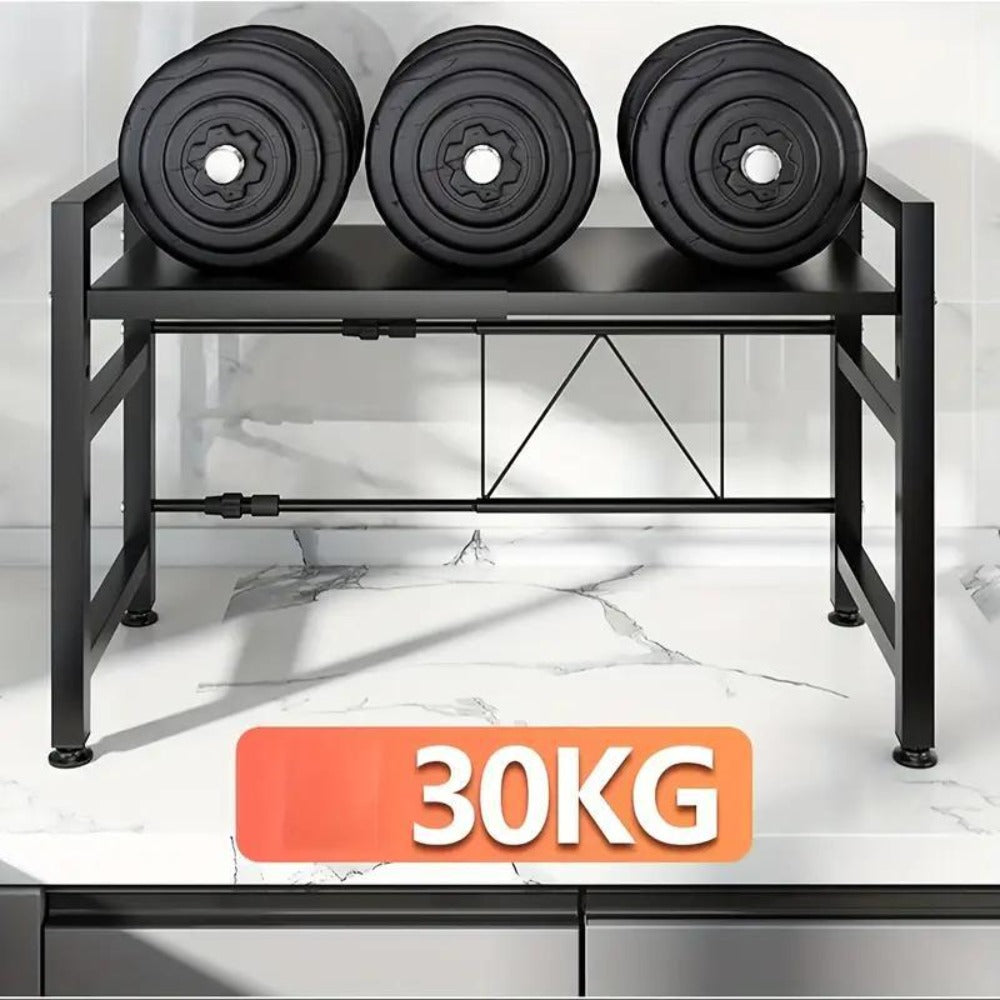 Estante de almacenamiento para microondas, estante de encimera expandible para microondas para guardar utensilios de cocina y vajilla, estante ajustable de 2 niveles que ahorra espacio con 6 ganchos, estante de encimera de acero al carbono para microondas