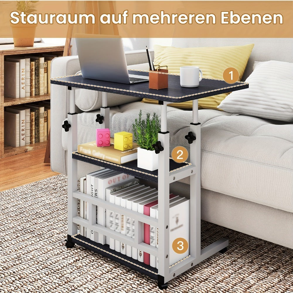 Escritorio Portátil de Madera Moderno con Altura Ajustable y Almacenamiento Multinivel - Estación de Trabajo para Hogar Ahorradora de Espacio con Ruedas, Soporte para Laptop y Función de Mesita de Noche Ideal para Trabajadores Remotos