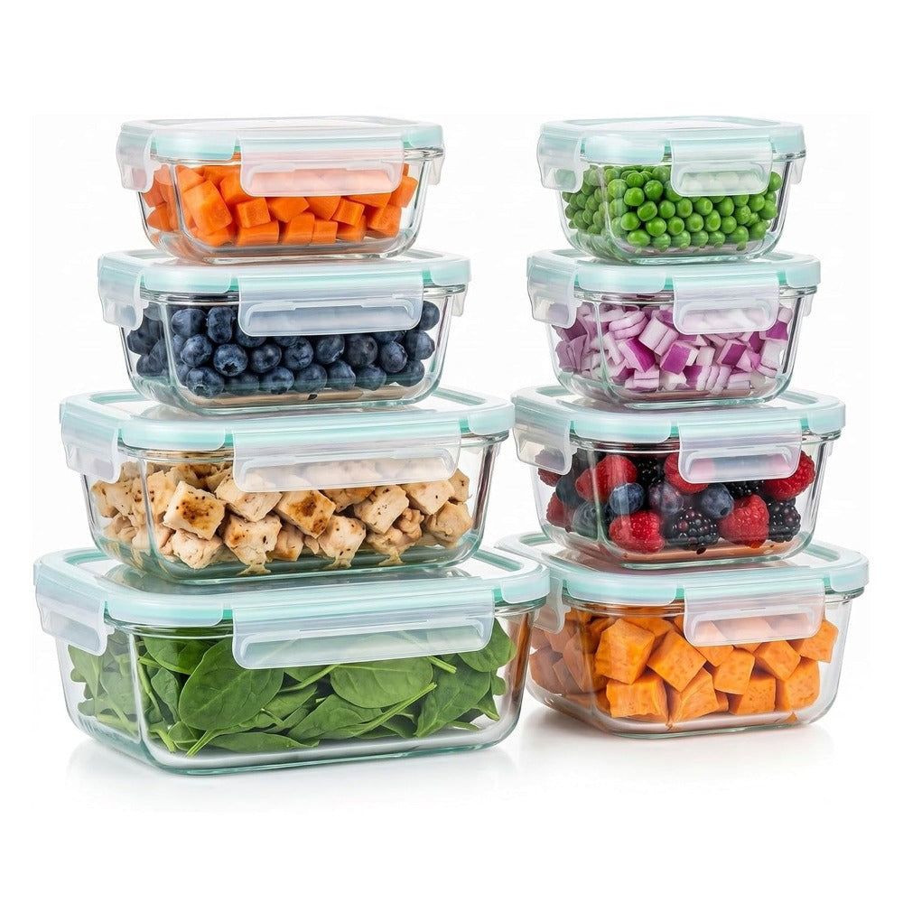 Paquete de 8 recipientes de vidrio para almacenar alimentos con tapas herméticas, recipientes de vidrio para preparar comidas, para almuerzo de oficina, aptos para microondas, horno, congelador y lavavajillas
