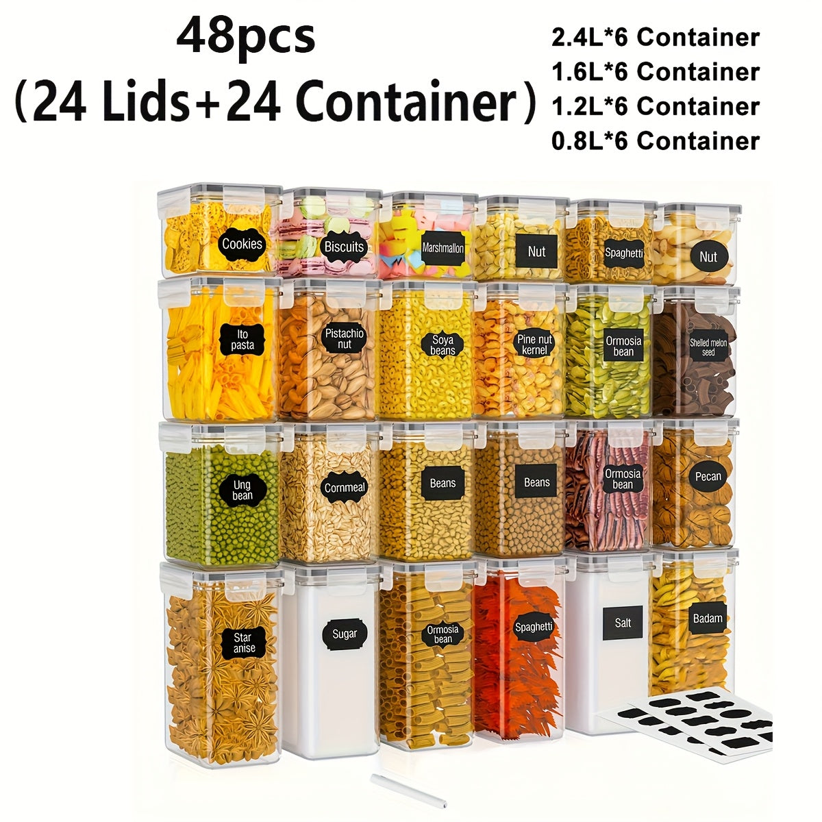 60/48/30/20/18/12 piezas de Recipientes Herméticos para Alimentos con TAPAS - Ideales para Organizar y Almacenar Granos, Arroz, Pasta, Té, Frutos Secos y Café en la Despensa de la Cocina - Incluye Etiquetas y Marcadores (30/24/15/10/9/6 TAPAS + 30/24/15/1