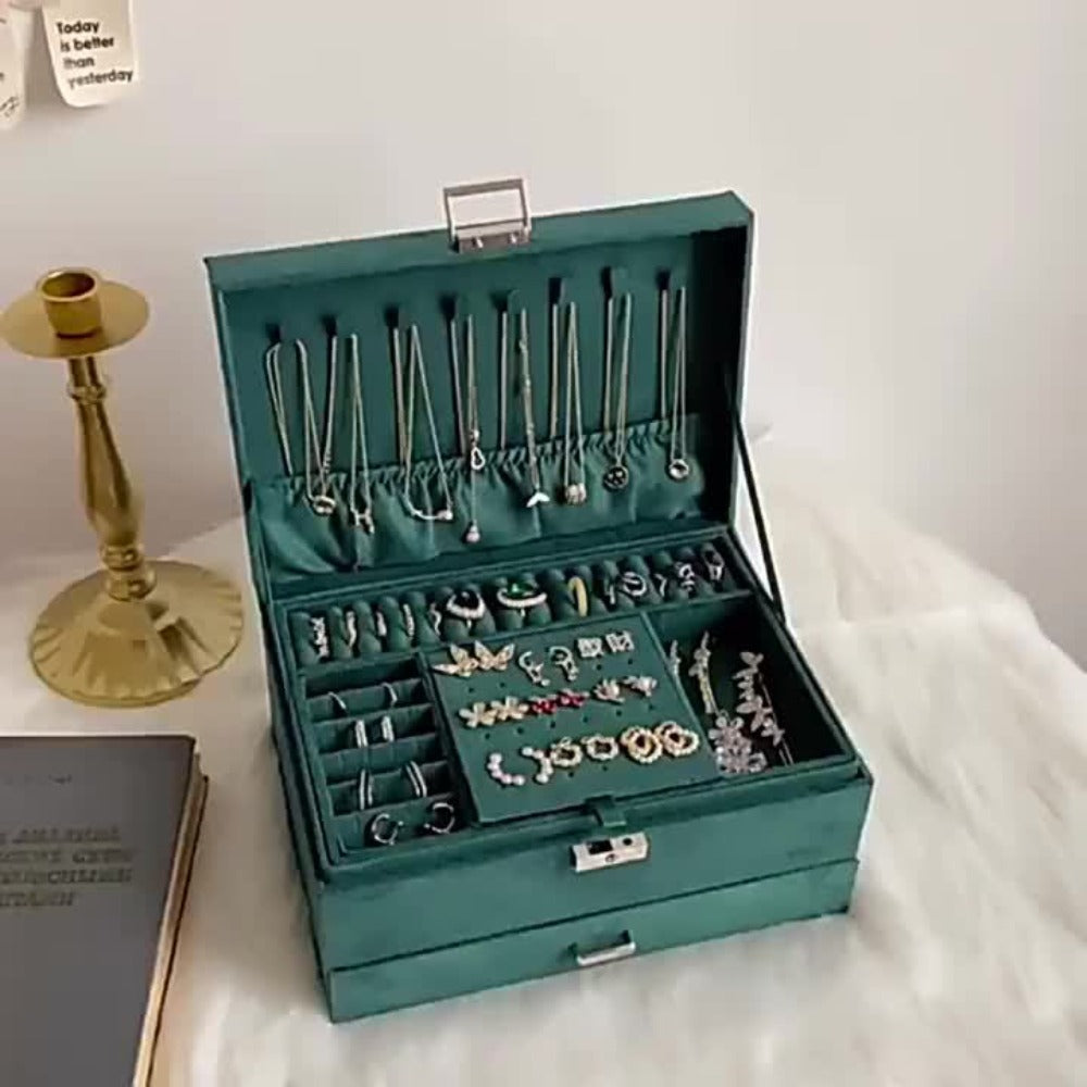 Caja Organizadora de Joyas de 3 Niveles con Cerradura de Llave - Compartimentos Forrados en Terciopelo Suave, Ideal para Aretes, Collares, Pulseras, Anillos - Caja de PU en Tono Pastel, Diseño Retro, Regalo Perfecto para (Navidad, Bodas), Cajas de Joyería