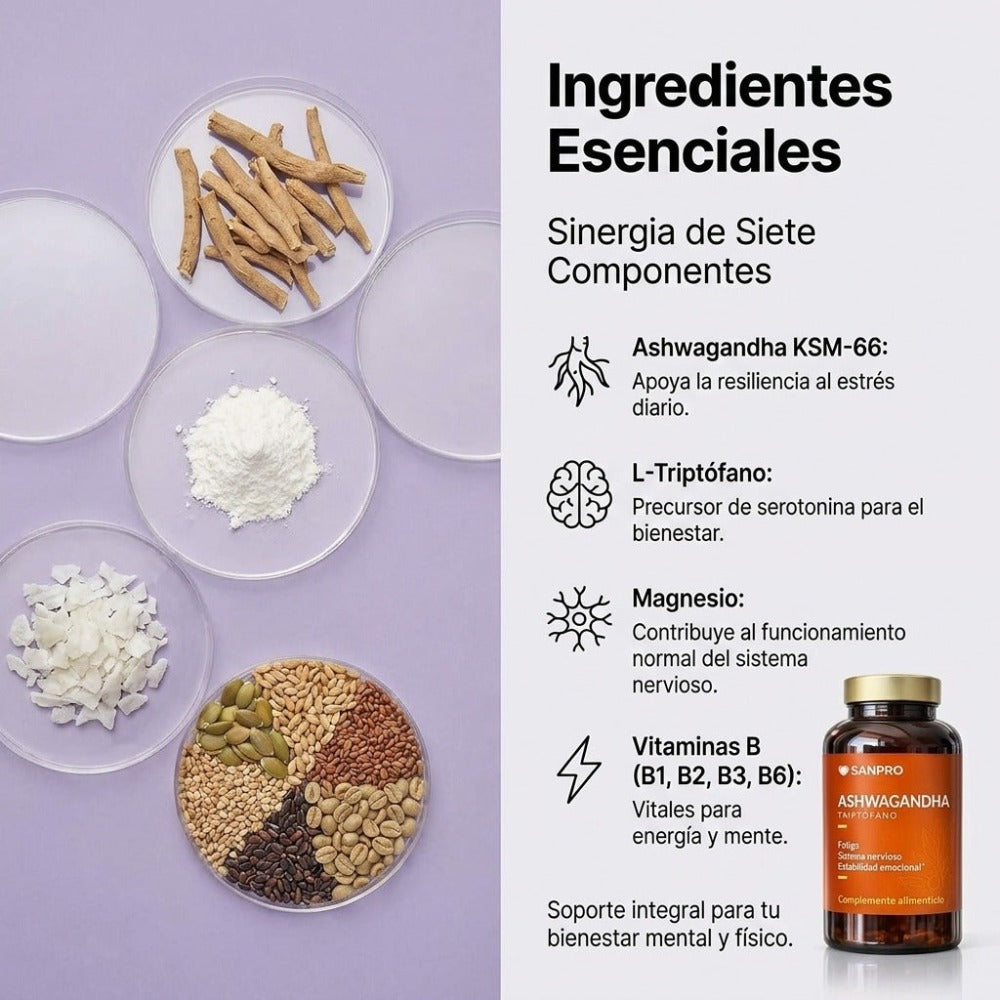 Ashwagandha + Triptófano Complex 7 en 1 | 120 Cápsulas Veganas | Magnesio, Vitaminas B1, B2, B3 y B6 | Fabricado en España y con Calidad Certificada | San Pro