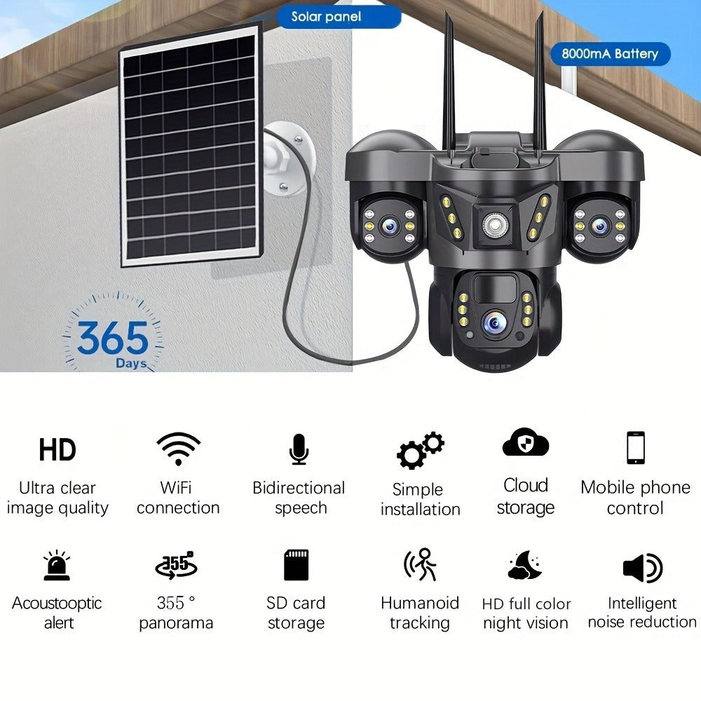 Cámara solar con WiFi V380 PRO de 3 lentes, 1080P, resistente al agua, HD, para exteriores, CCTV, visión nocturna, audio bidireccional, cámara de red con seguimiento de movimiento, cámara PTZ, seguimiento automático, alarma y visión nocturna en color, rot