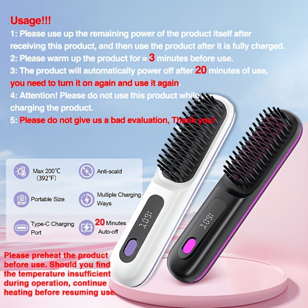 Plancha de pelo inalámbrica | Plancha de Cabello Inalámbrica, Calentamiento Rápido, Peine Alisador para Mujeres, Ligero, Puerto Tipo-C, Anti