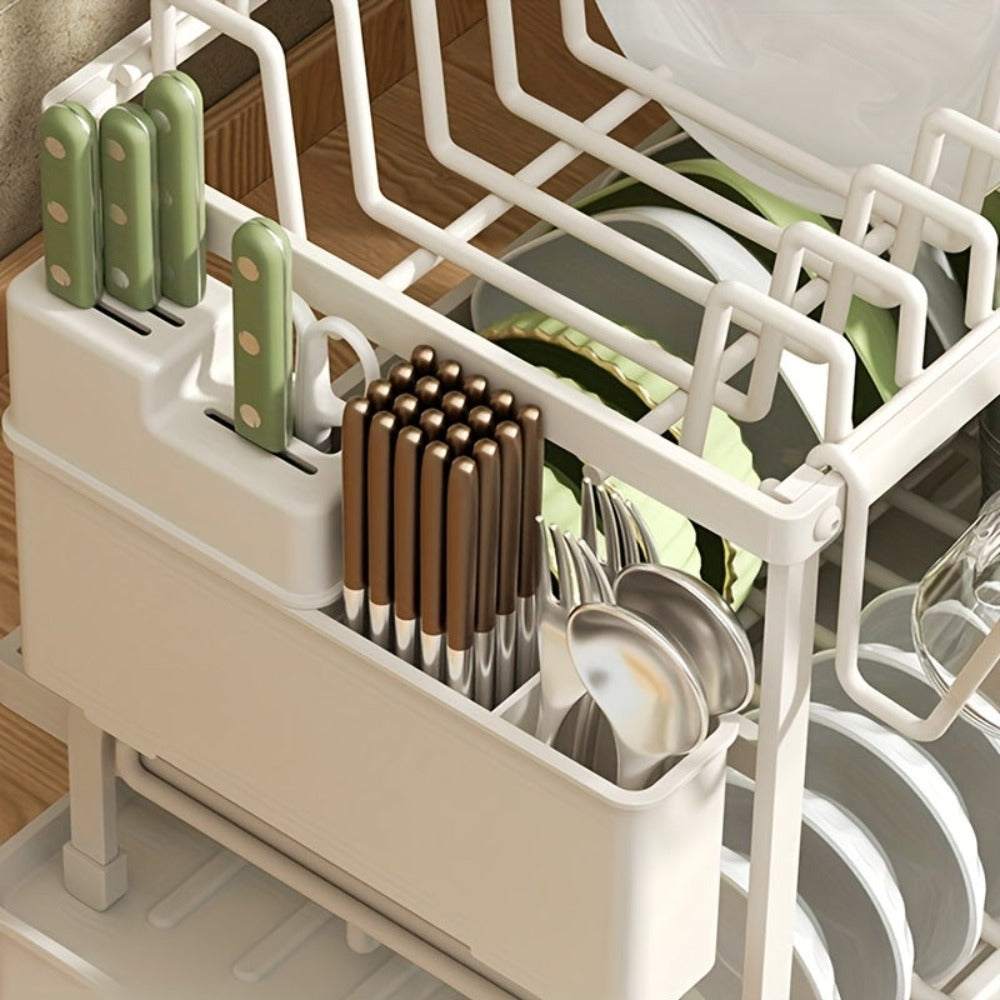 Juego de escurridor de platos de 2 niveles con bandeja de goteo - Espera de metal grande para platos con desagüe, soporte para vasos, soporte para cubiertos y sistema de desagüe adicional - Accesorios de cocina para secado y organización eficiente de plat
