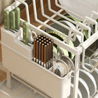 Juego de escurridor de platos de 2 niveles con bandeja de goteo - Espera de metal grande para platos con desagüe, soporte para vasos, soporte para cubiertos y sistema de desagüe adicional - Accesorios de cocina para secado y organización eficiente de plat