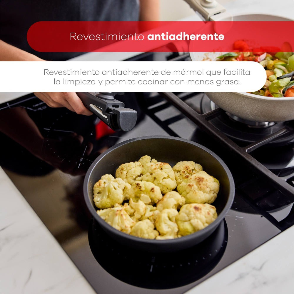 Bergner Click&Cook Batería de cocina 10 Pzs Mango extraíble, 3 Sartenes, 2 Cazos, Tapas y Utensilios Aluminio revestimiento antiadherente