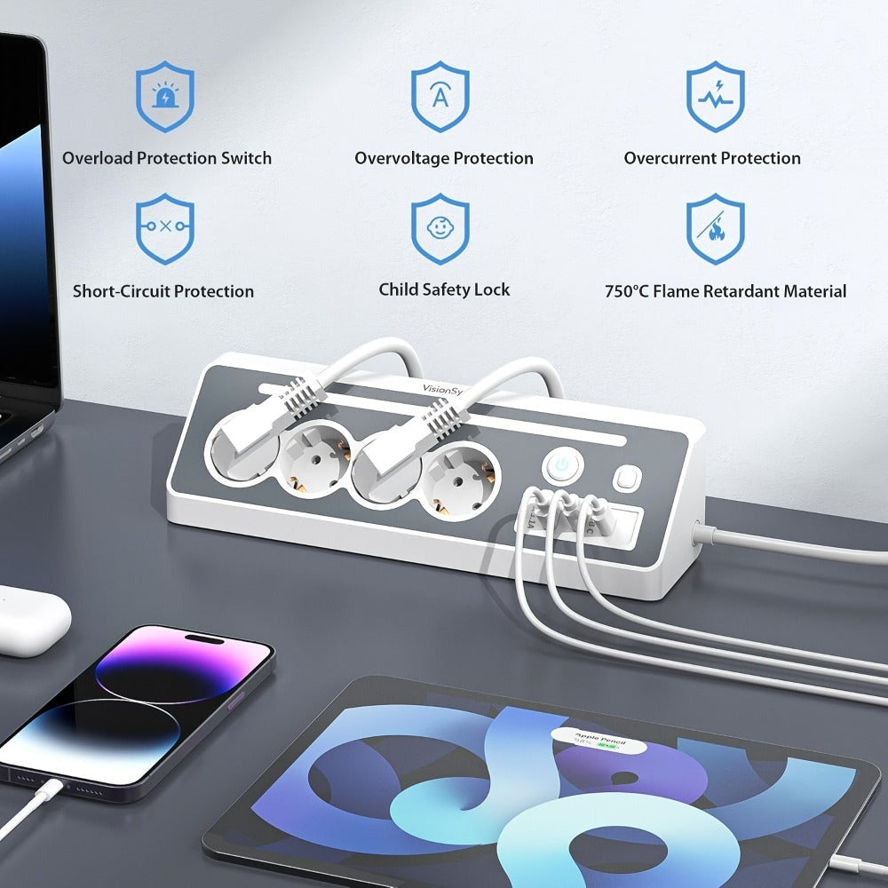 Regleta de enchufes múltiples de ángulo recto 7 en 1 con estación de carga rápida, 4 CA, 2 USB-C de 20W con indicador LED y doble interruptor, ideal para cargar teléfonos, tablets en el hogar, la oficina, configuración de oficina en casa, organización del