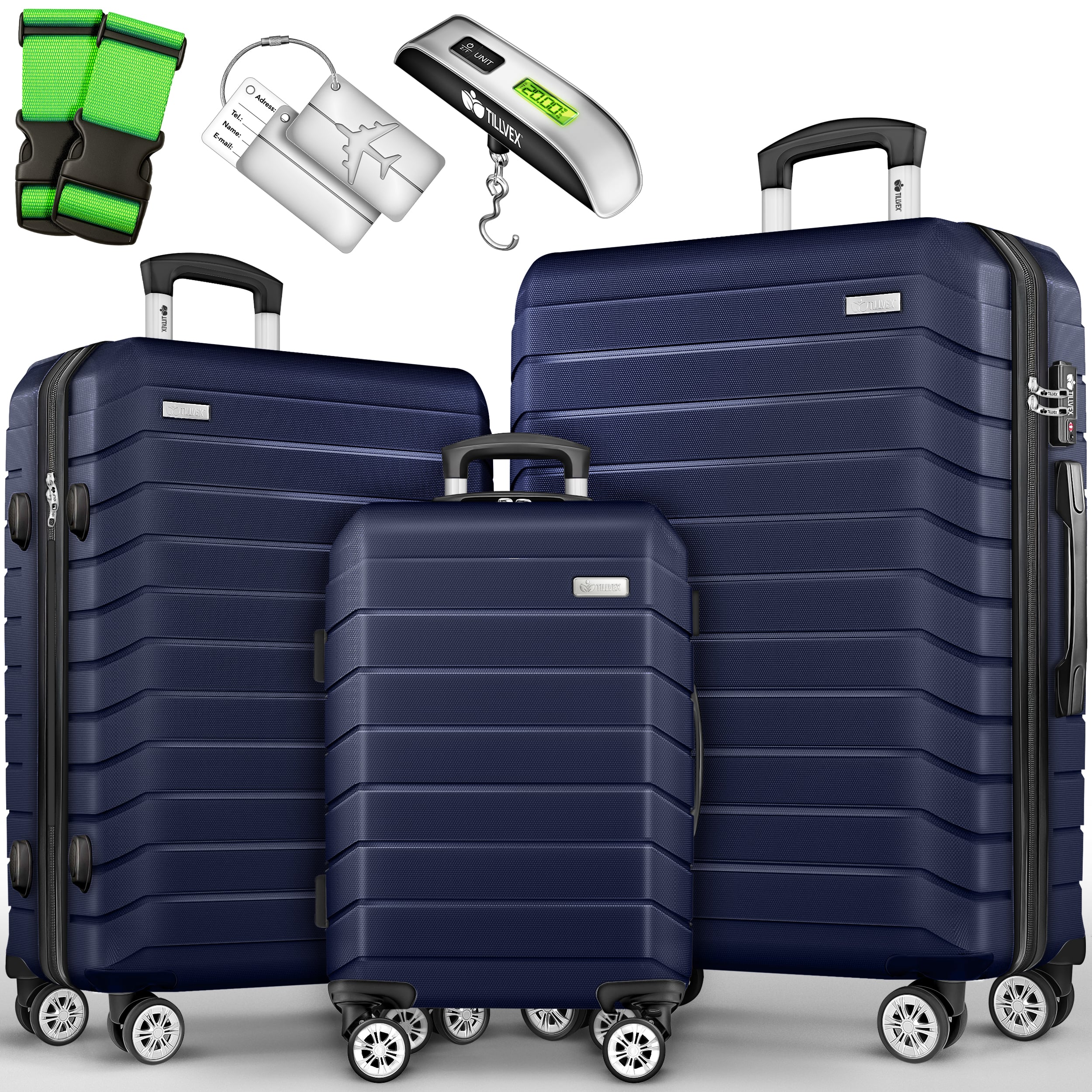 Tillvex® Juego de Equipaje de Viaje con Báscula, Correas y Etiquetas | Maleta de 4 Ruedas | Equipaje con Candado TSA | Juego de Maletas de Carcasa Dura