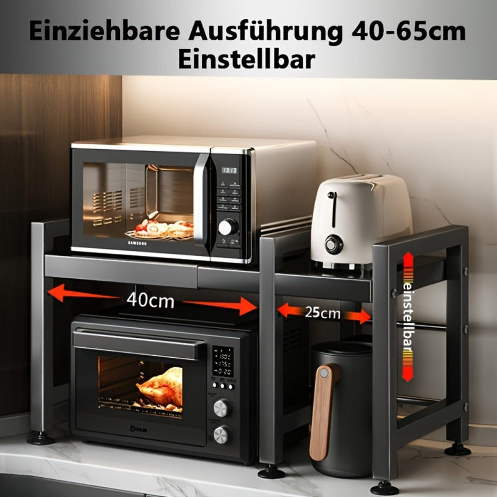 Estantería Negra Extensible para Cocina - Estante Ajustable de 2 Niveles con 6 Ganchos, Organizador Metálico para Encimera y Utensilios, Ahorra Espacio, 40-65cm, Fácil Montaje, Sin Madera, Diseño Moderno, Soporte para Utensilios, Estilo Metálico Elegante