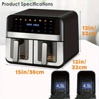 Freidora de Aire Dual de 9L con Ventana Visual, 8 Modos de Cocción, Pantalla Táctil, Display LED, Freidora Digital de Doble Zona con Libro de Recetas, Temporizador y Control de Temperatura, Antiadherente