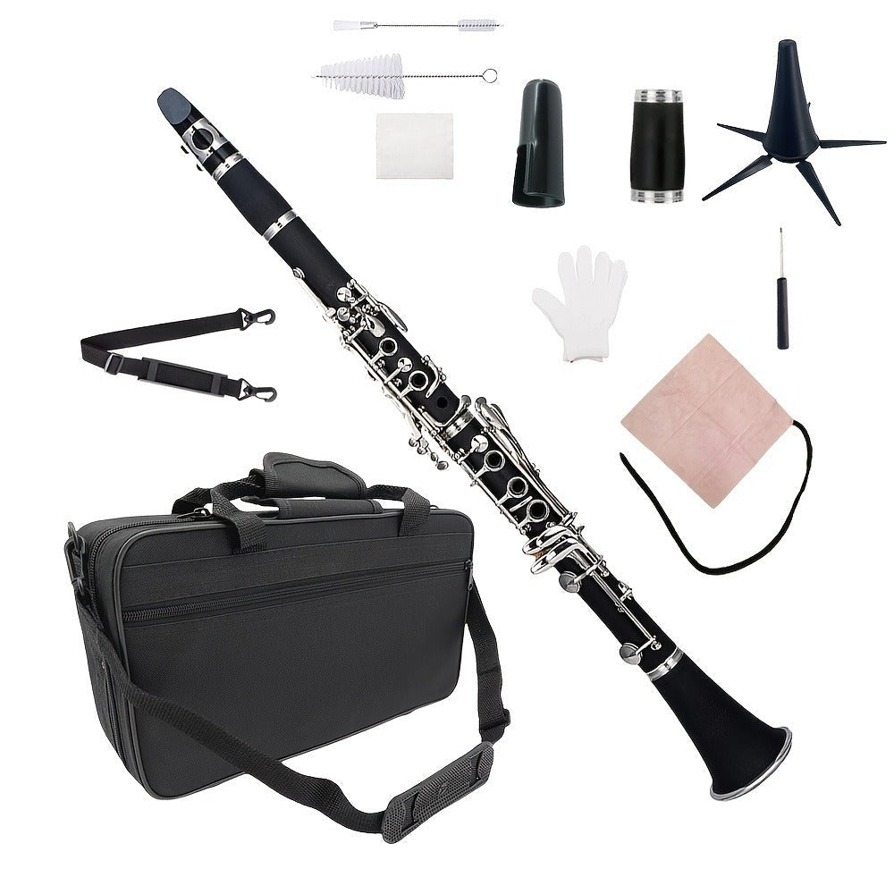 Siemonic Clarinete en Si bemol de 17 llaves, juego de clarinete chapado en níquel con estuche, kit de clarinete para principiantes con kit de limpieza y adicionales, instrumento de viento para práctica, interpretación y uso musical