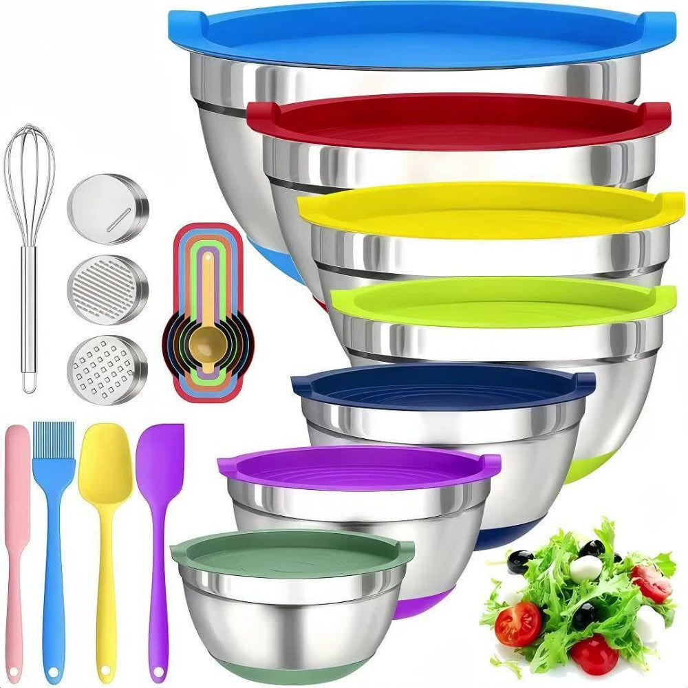 Juego de 22 piezas/10 piezas de ensaladeras avanzadas de acero inoxidable con tapa, base de silicona mejorada, grupo de ensaladeras apilables, aptas para lavavajillas, 5L, 4.5L, 4L, 2.4L, 1.7L, 1.3L, 0.8L, paquete mixto, ensaladeras para preparación de co