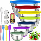 Juego de 22 piezas/10 piezas de ensaladeras avanzadas de acero inoxidable con tapa, base de silicona mejorada, grupo de ensaladeras apilables, aptas para lavavajillas, 5L, 4.5L, 4L, 2.4L, 1.7L, 1.3L, 0.8L, paquete mixto, ensaladeras para preparación de co