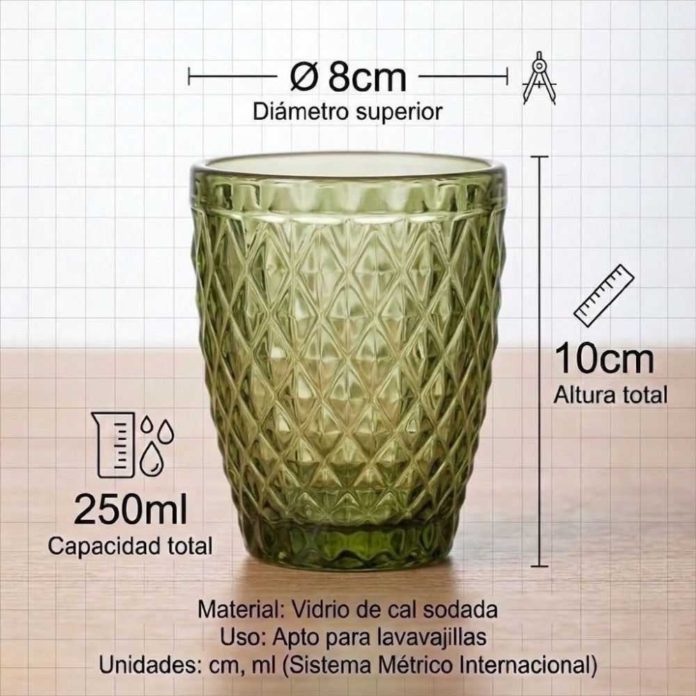 TRESV Set de 6 Vasos de Cristal 250ml | Diseño de Diamante Elegante | Aptos para Lavavajillas | Vidrio Sin Plomo para Agua y Refrescos