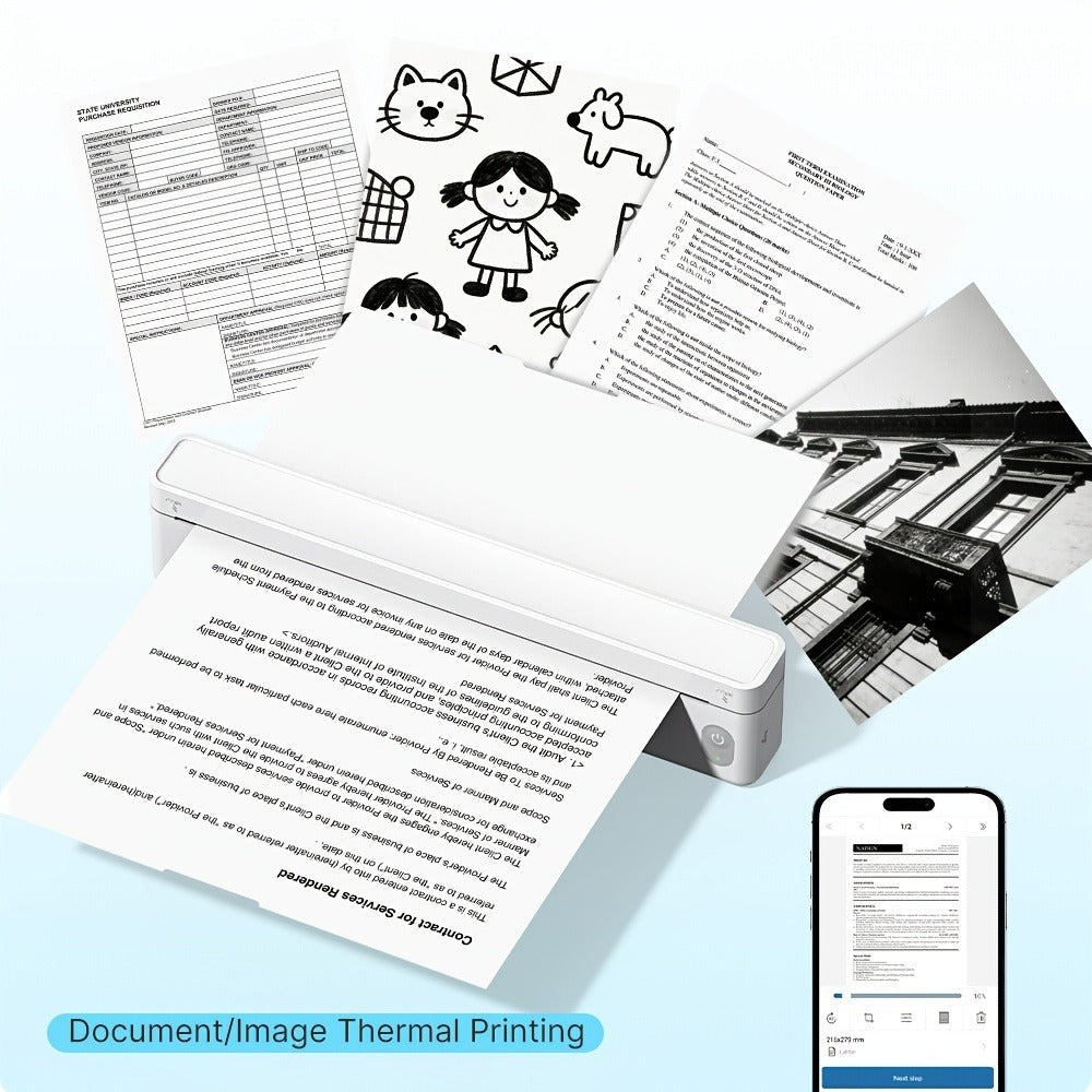 Impresora Térmica Inalámbrica A10A, Batería de 1800Mah, Impresora Móvil Compacta para Viajes, Oficina, Hogar, Incluye 10 Hojas de Papel Térmico. Compatible con Smartphones y Computadoras