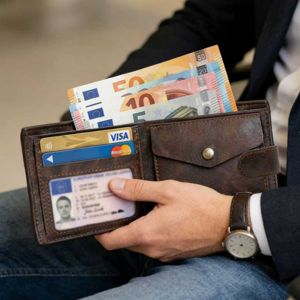Cartera corta de cuero desgastado retro elegante para hombre – Monedero con cierre a presión y ventana para identificación para desplazamientos diarios, reuniones de negocios y salidas informales