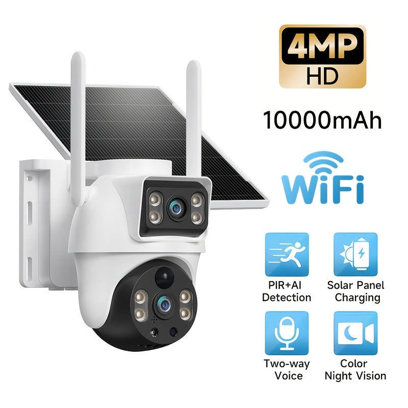 Cámara de seguridad XIAOVV de doble lente y doble pantalla, cámara de seguridad inteligente con energía solar, monitoreo PTZ giratorio de 360°, equipada con panel solar y batería, detección de movimiento, visión nocturna en color, adecuada para hogar/nego